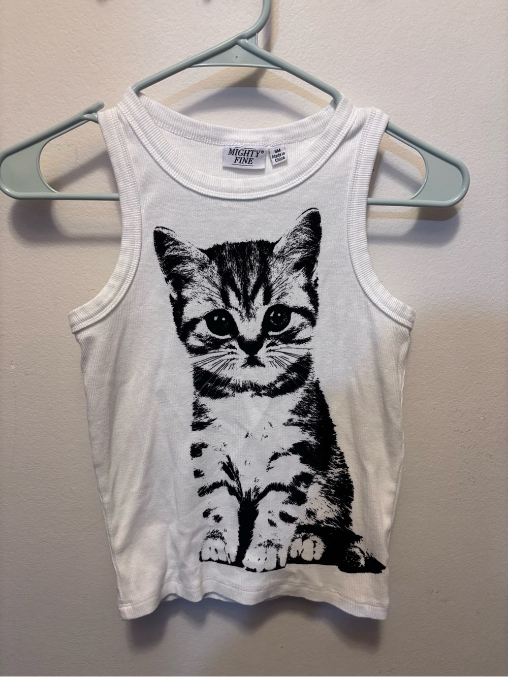 Mighty Fine White Tank with Black Kitten Graphic